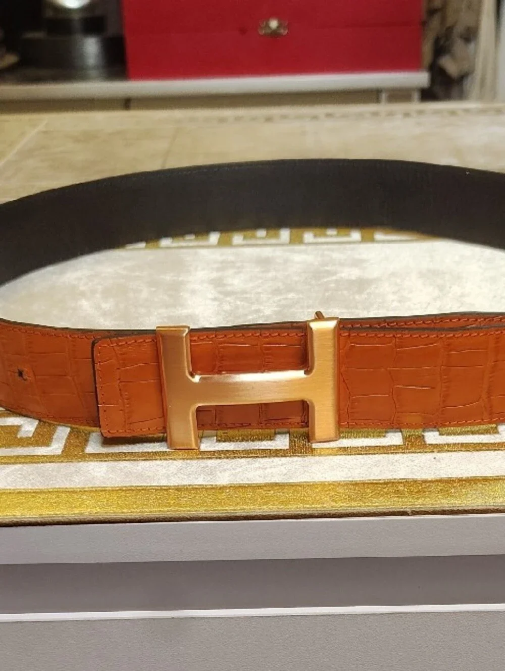 H Logo Buckle Croc-Embossed Leather Belt in Cognac